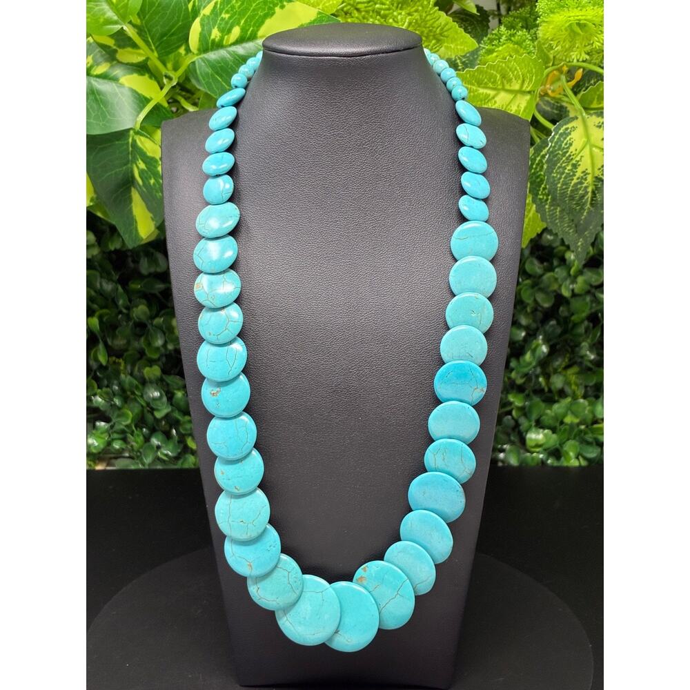 Turquoise Howlite Disc Bead Necklace Graduated Statement Collar 22 Inch - Picture 8 of 8